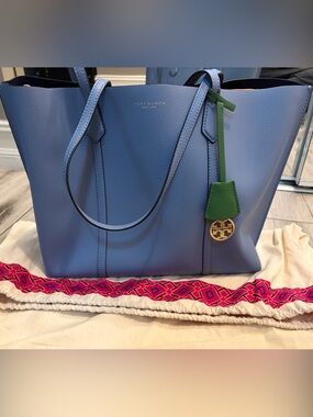 Tory Burch Perry Blue Leather Tote with Green Accent